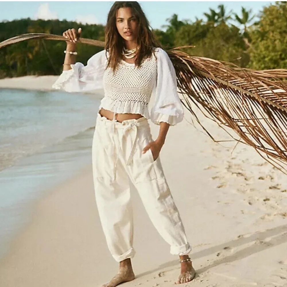 NWT Free People Sky Rider Cotton-Linen Blend Straight Leg Pants in Ecru Sz L - Picture 1 of 13